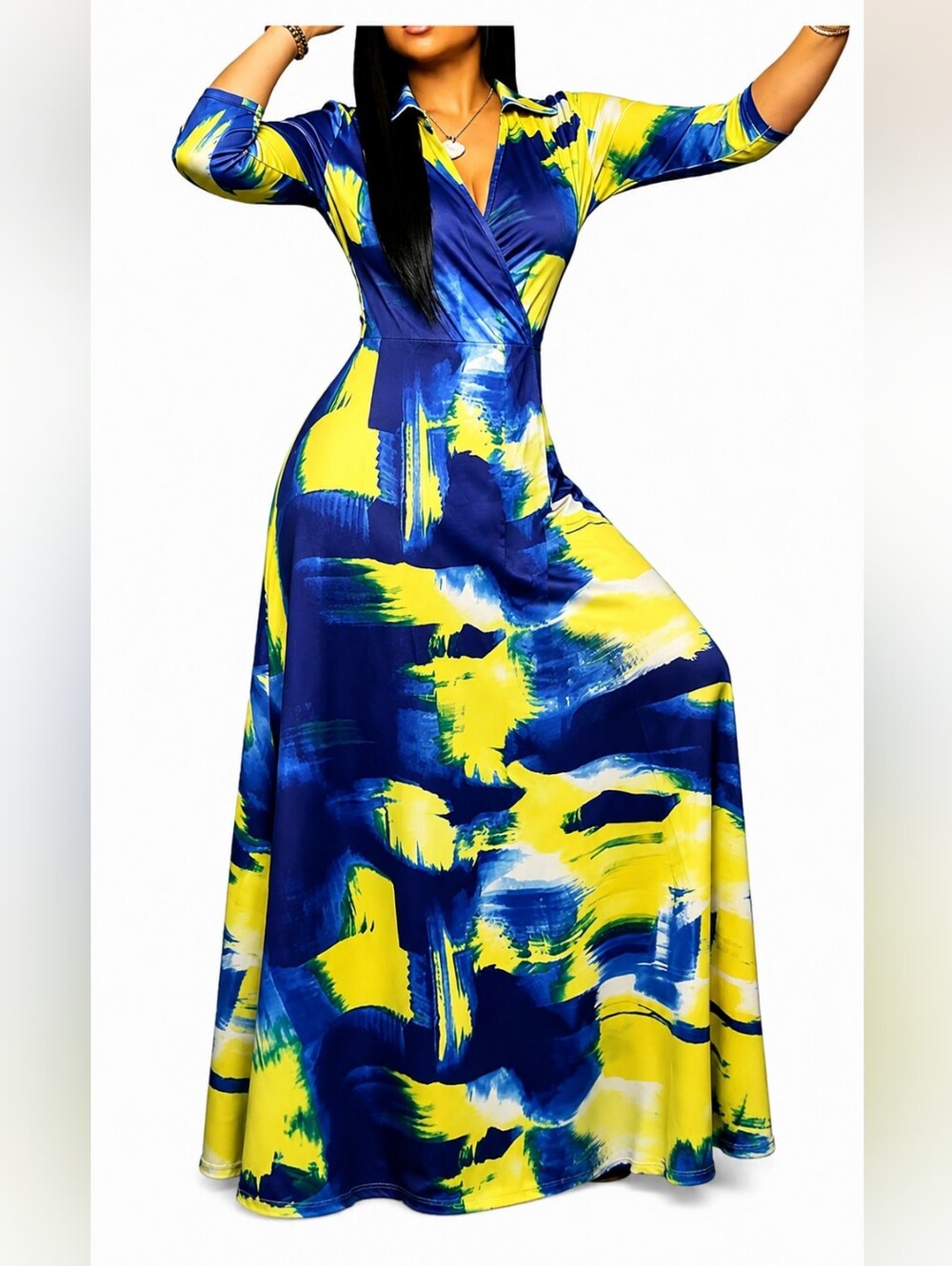 LOCRYZ NWT XXL Abstract Blue Yellow Wrap Maxi Dress 3/4 Sleeve